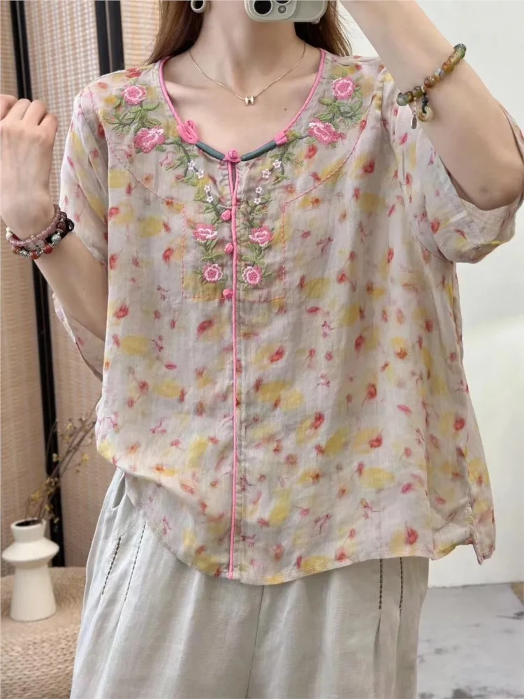 Oversized Summer Flower Embroidery Pullover Tops Women Fashion Floral Print Ladies Blouses Short Sleeve Loose Pleated Woman Tops