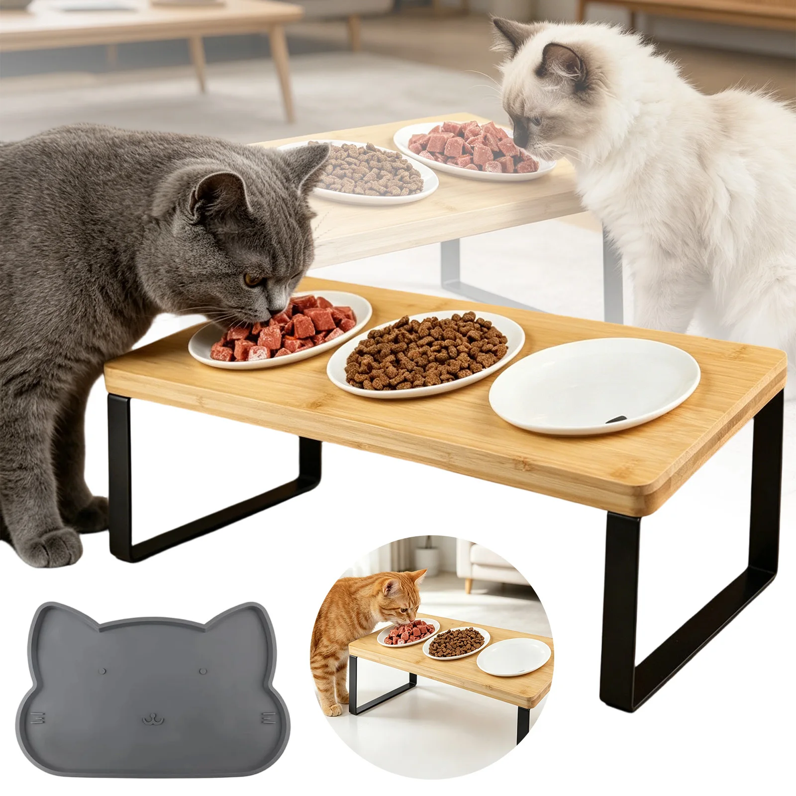 Mangeoire pour chat à 3 bols de 41*16*11 cm, avec 15 supports surélevés et 3 bols en céramique, convient pour contenir de l'eau, de la nourriture humide, de la nourriture sèche et des collations nutritives pour répondre à divers besoins alimentaires.