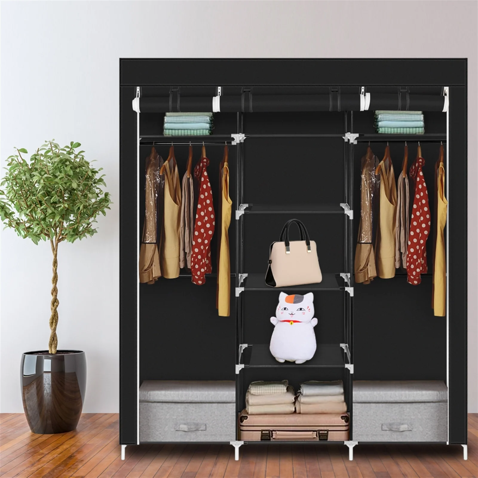 

69" Portable Clothes Closet Non-Woven Fabric Wardrobe Double Rod Storage Organizer Black