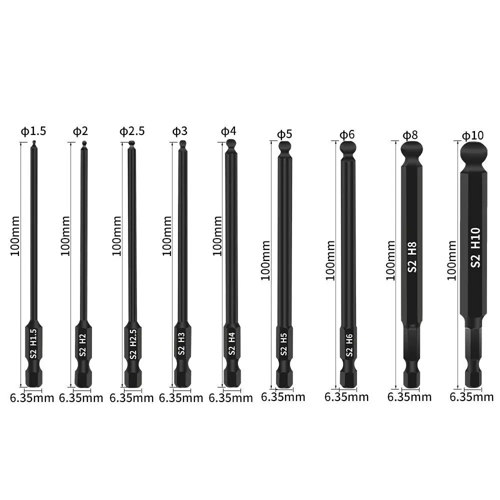 Magnetic Ball End Screwdriver Bits 100mm 1/4 Inch Hex Shank Allen Wrench Drill Bit Alloy Steel Professional Screwdriver Bit Set
