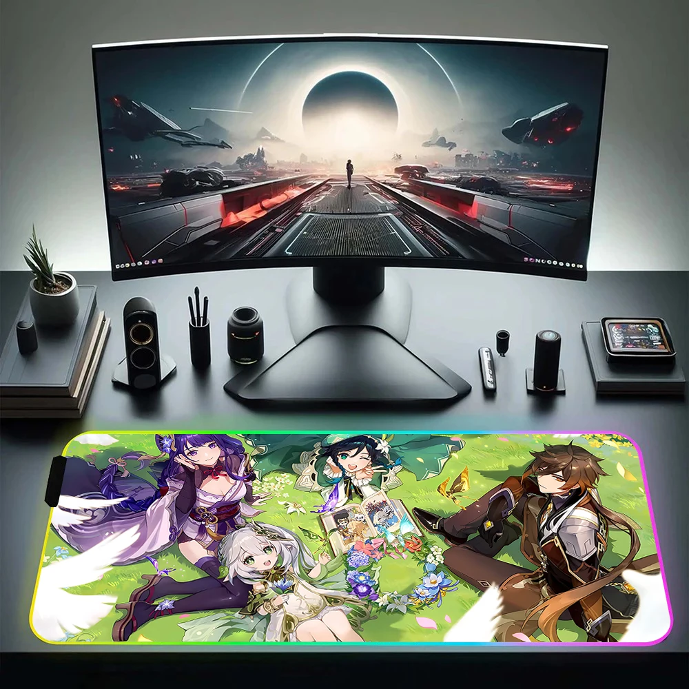 Fashion Game Genshin Impact RGB Pc Gamer Keyboard Mouse Pad Mousepad LED Glowing Mouse Mats Rubber Gaming Computer Mausepad Gift