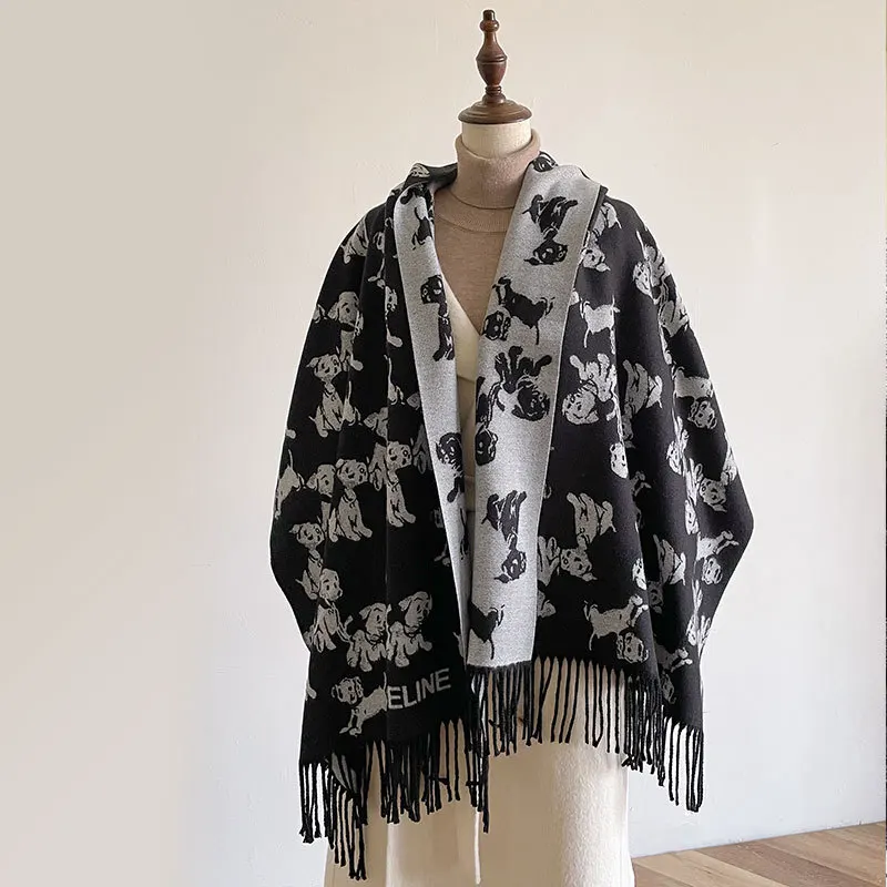 Cute Print Dog Scarf Luxury Bufanda Muffler Lady Elegant Pashmina Cashmere Blend Echarpes Tassels Windproof Large Tassels Shawl