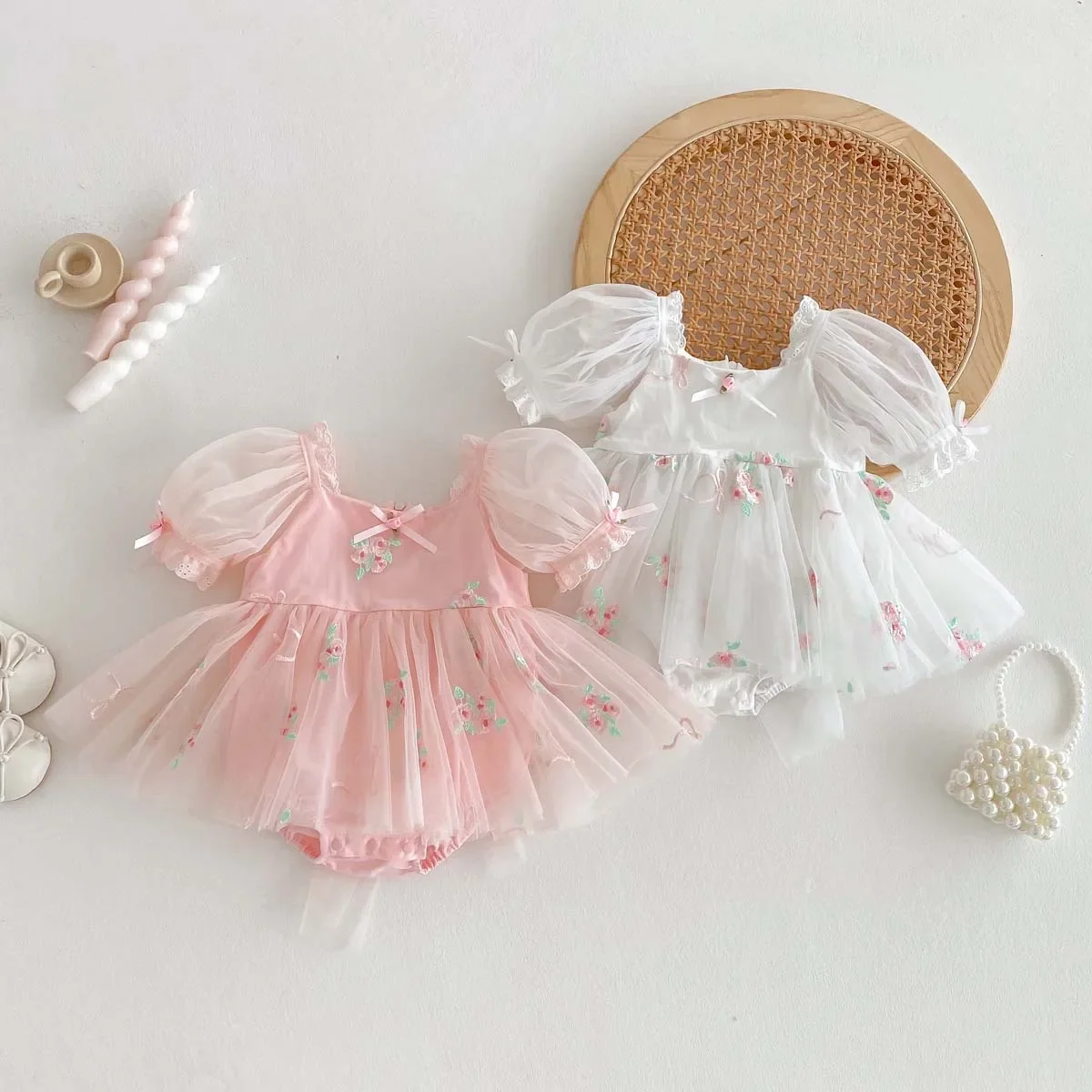 

Girls' Summer Sweet Bubble Sleeves Short Sleeved Jumpsuit Baby Western-style Embroidered Mesh Princess Dress Baby 1Year Old