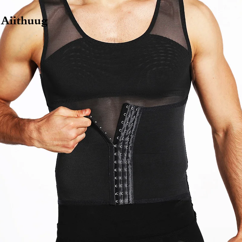 Aiithuug Men Shaper Vest 3 Rows Buckles Firm Tummy Control Compression Shirt for Men Slimming Undershirt Body Shaper Tank Top