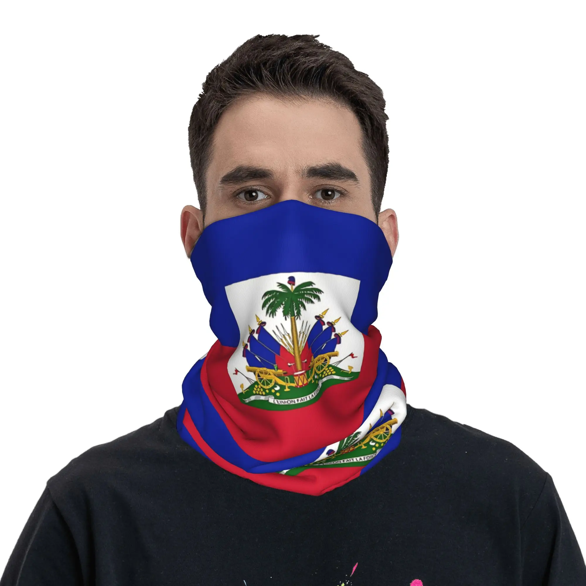 HAITI Haitian Flag Bandana Neck Gaiter Printed  Mask Scarf Multifunctional Headband Fishing for Men Women Adult Washable view 2