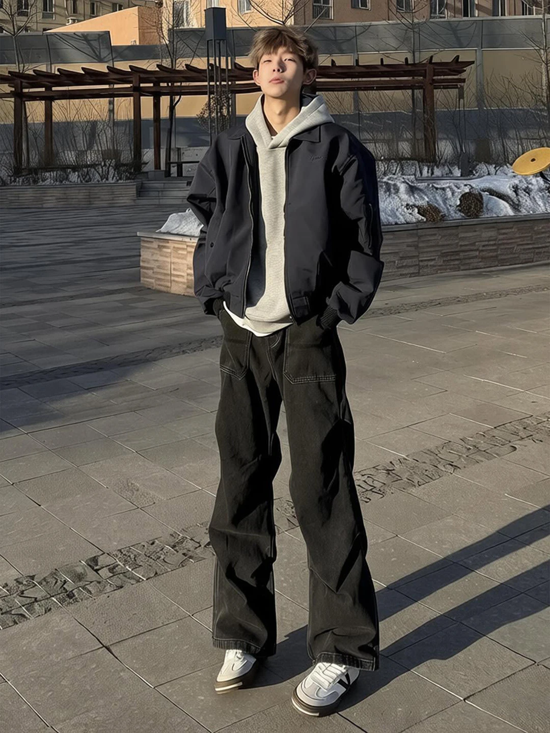 

Men's Workwear Denim Jeans Cleanfit Straight Leg Micro Flared Pants Folded Waed mid Waist Youth Spring Season Denim