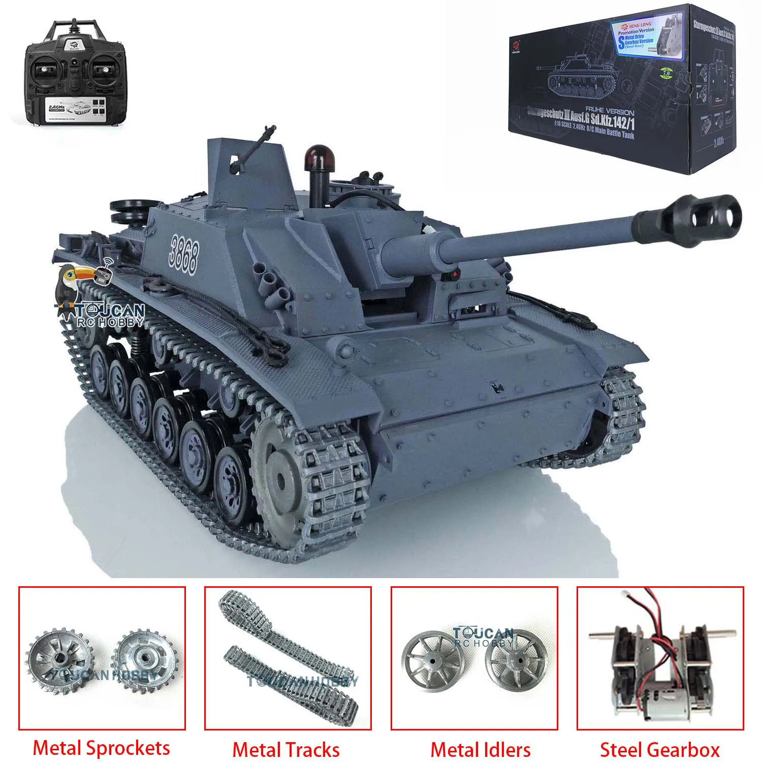 Heng Long 1/16 Scale 7.0 German Stug III Upgraded RTR Remote Control Tank 3868 Metal Tracks Model Gifts for Boys TH17421