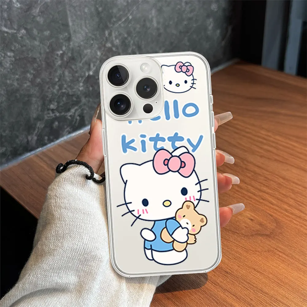 MINISO-caixa de telefone rosa Hello Kitty para iPhone, INS, transparente, Soft Shell, 11, 12, 13, 14, 15, 16 Max, Pro, Plus