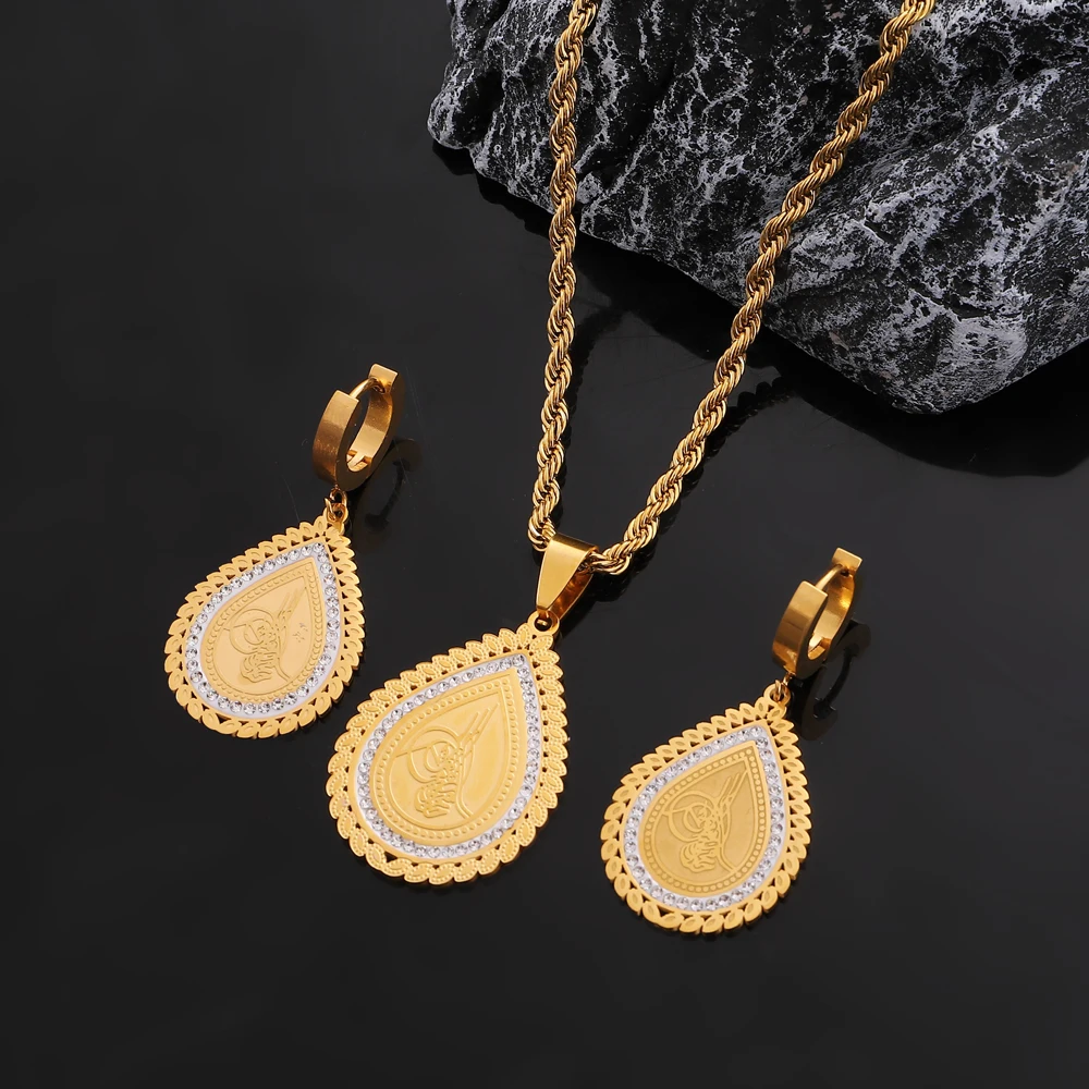 Luxury Gold Stainless Steel Earrings Crystal Necklace Coin Pendant Accessories for Women Set Middle East Africa Jewelry