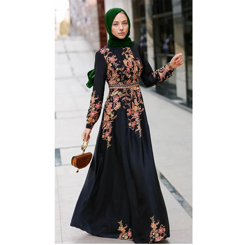 Muslim Vintage Holiday Maxi Robe Spring Floral Printed Dress Kaftan Tunic Sundress Long Sleeve Ramadan Turkey Islamic Vestidos