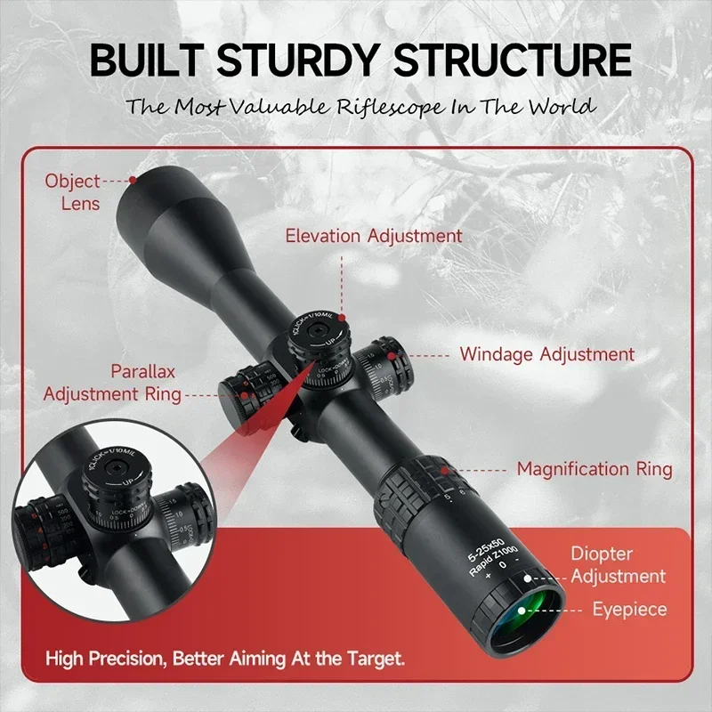 5-25X50 First Focal Plane Red Green Reticle Riflescope Long Range Shooting Hunting Optics Sight Fits 11mm/20mm Rail Mount