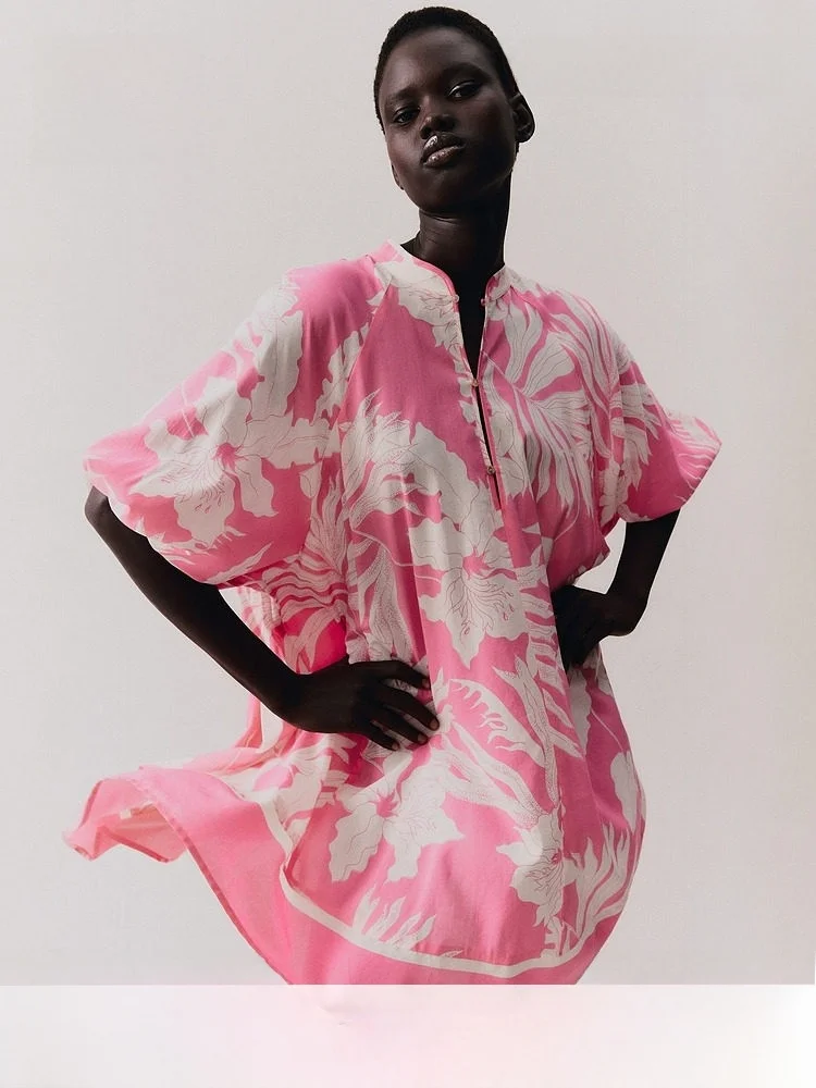 

H&M Women's Floral Dress Summer New Chinese Style Loose Waist Removable Sash Elegant Lantern Sleeve Short V-neck Dress