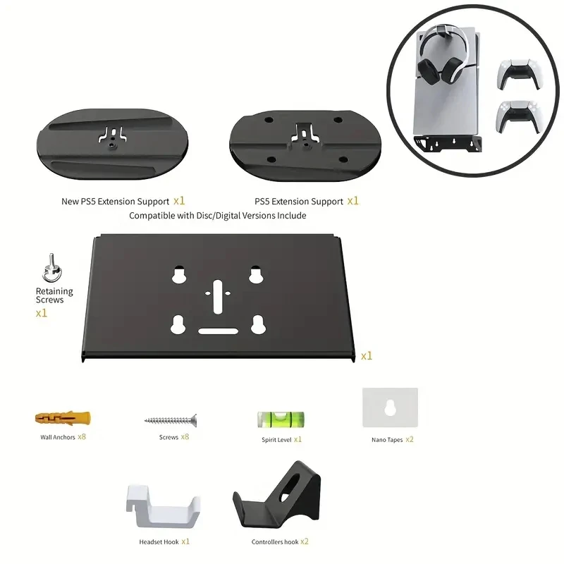 WALL MOPUNTING BRACKET Wall Mount for PS5 Slim/PS5 , Steel Wall Bracket with 1 Headset Holder and 2 Controller Hooks