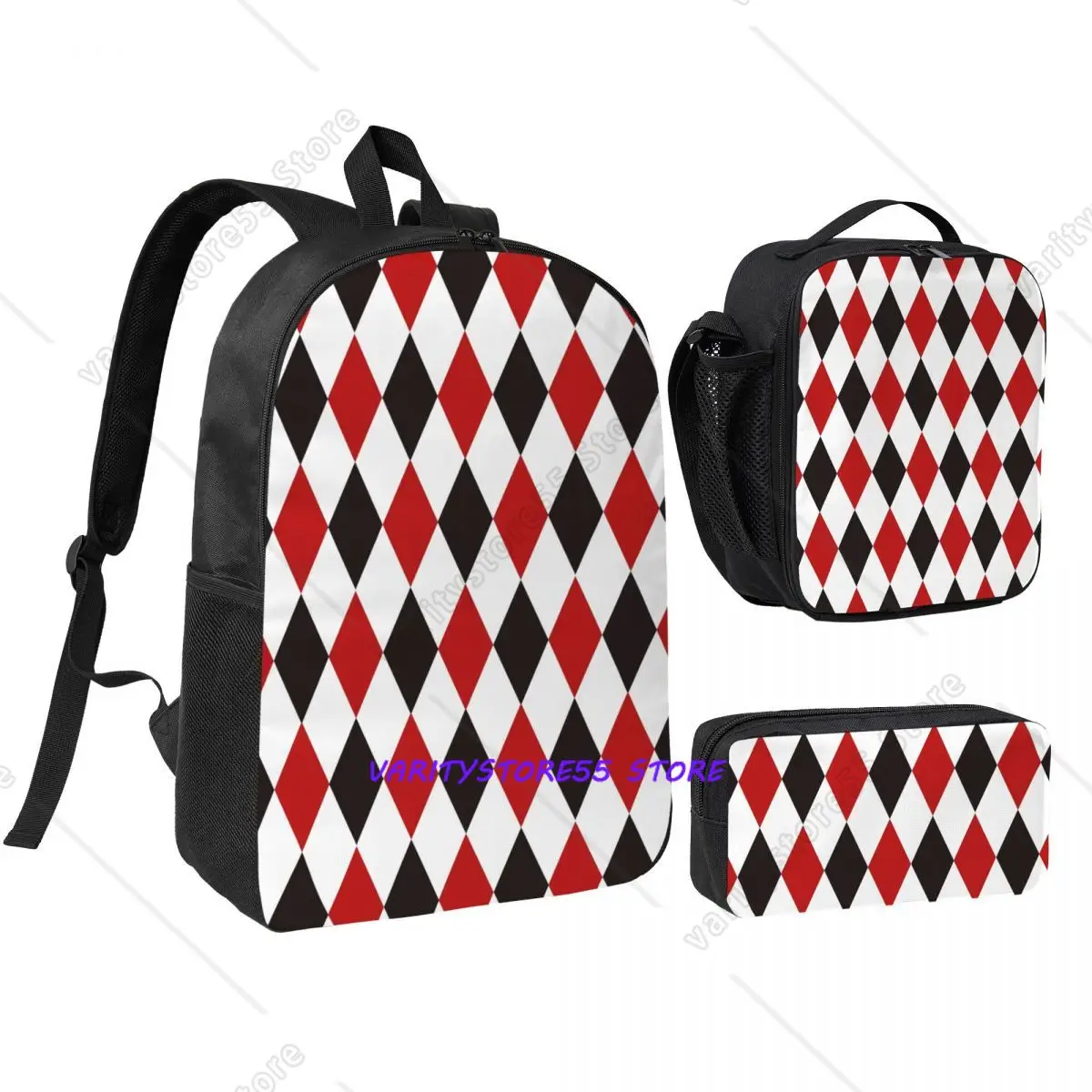 

Harlequin Plaid Playing Cards Diamond Backpack Student BookBag School Bag Shoulder Bags 3ps Insulated Lunch Bag Pencil Case