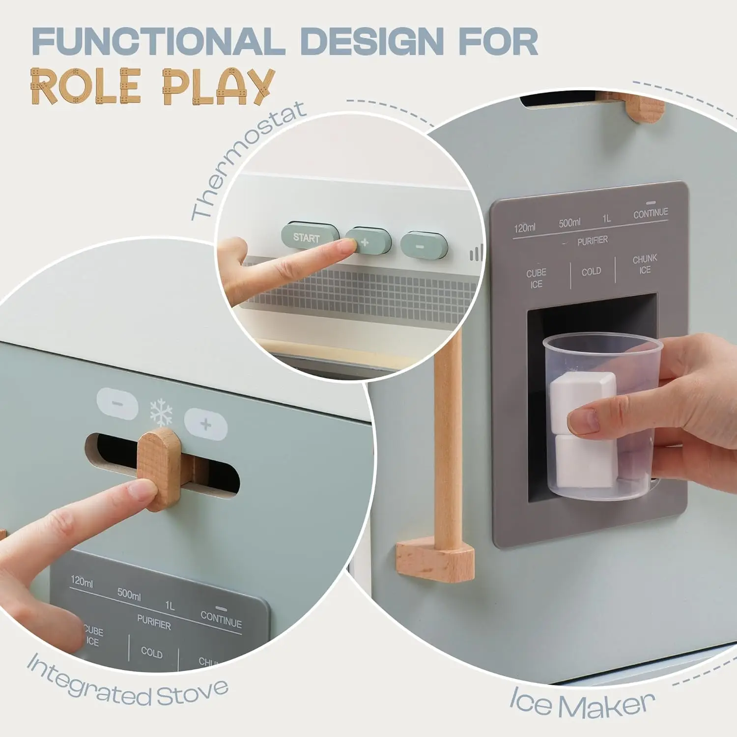 Robtiendra me-Ensemble de jeu de cuisine en bois pour enfants, lumières réelles, sons, distributeur de glaçons, jouet bleu, cuisine pour 3 ans et plus