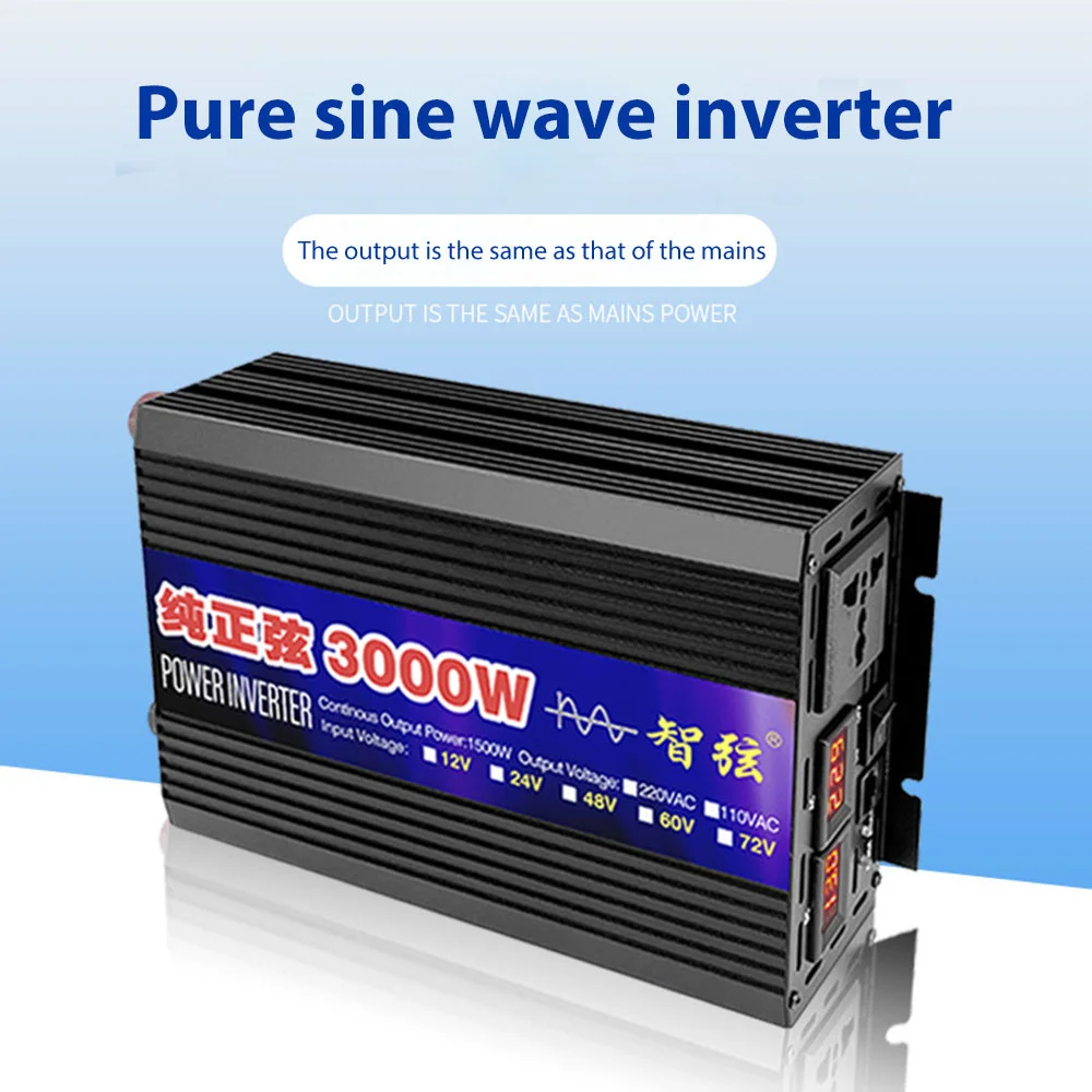 New Pure Sine Wave Inverter 2000W 3000W 4000W Power Solar Car Inverters With LED Display DC 12V 24V To AC 220V Voltage Converter