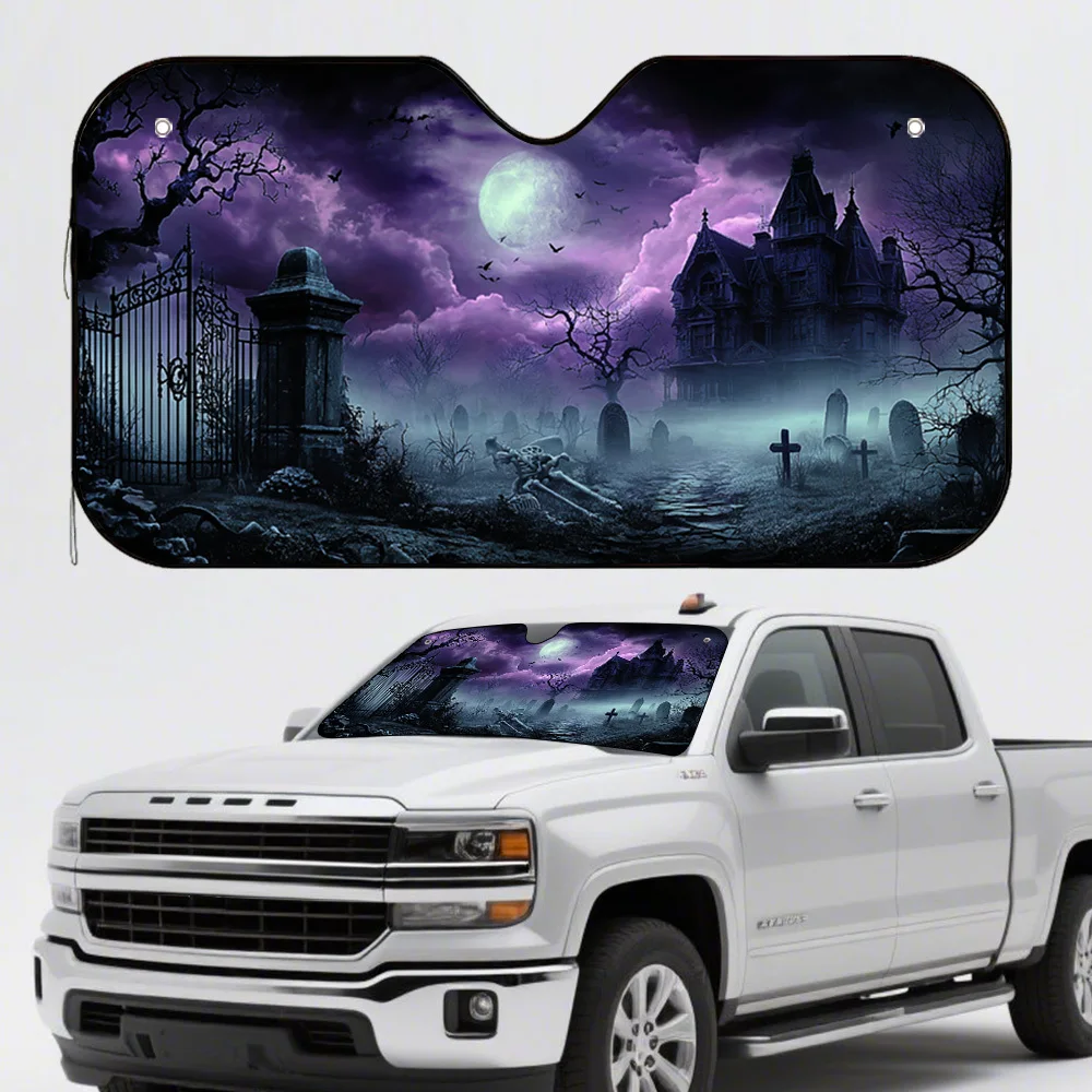 2D Flat Halloween Moonlit Cemetery Print Car Sunshade – Stylish & Efficient, Keeps Your Vehicle Cool, Includes 4 Suction Cups, E