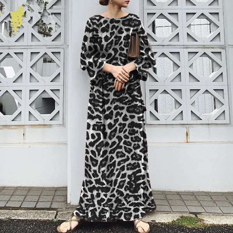 Long-sleeved Abaya Dress for Women, Leopard Print Abayas, Long Over-the-Knee, Islam Abaya