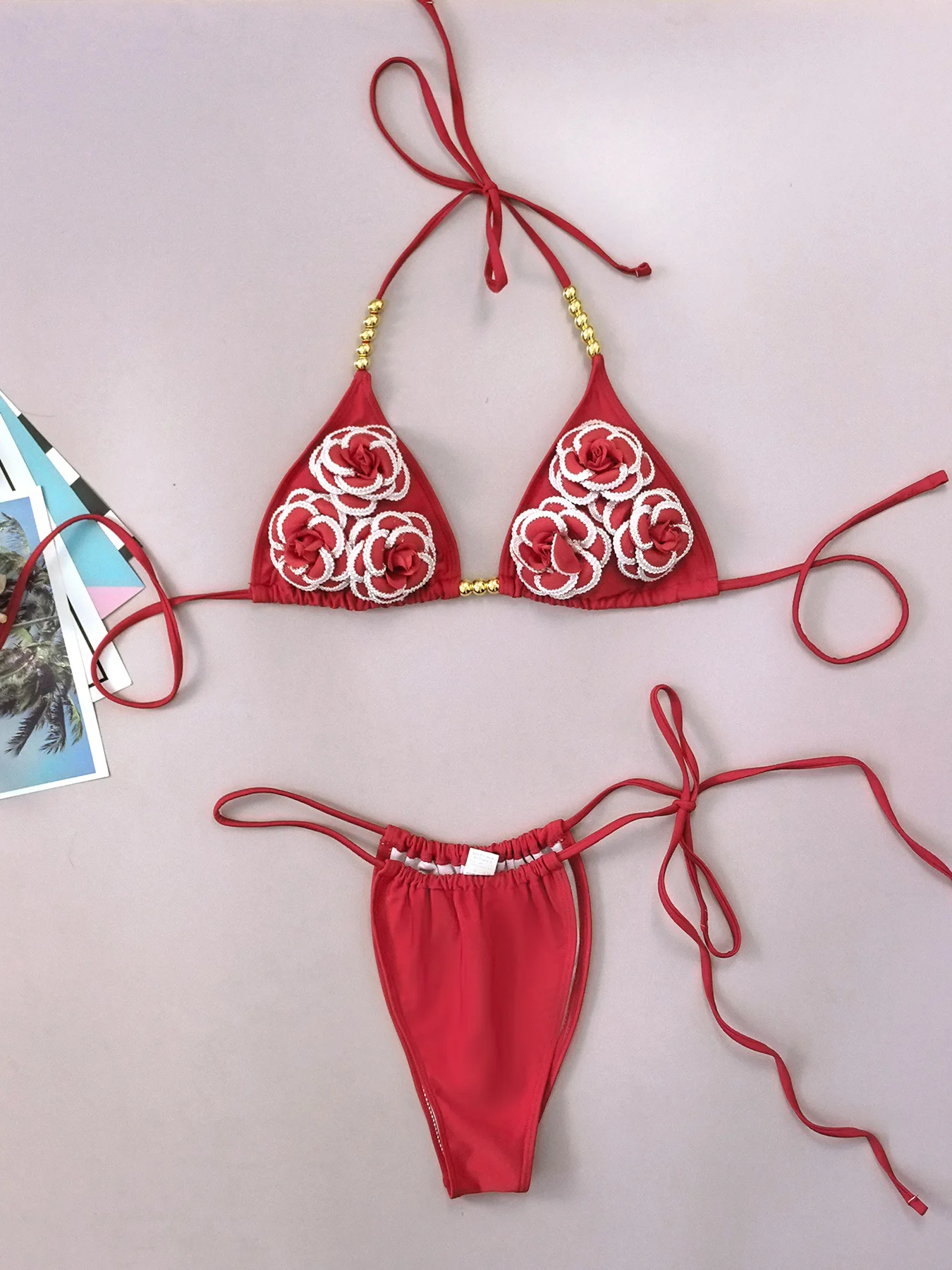 sexy 3d red three flower micro beads bikinis sets two pieces thong swimsuits beachwear bathing suit swimwear biquini tankini