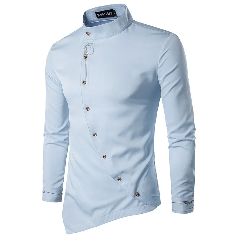 Camisa de vestir de manga larga con cuello levantado y dobladillo irregular vintage informal para hombre Blusa holgada con botones para fiesta de