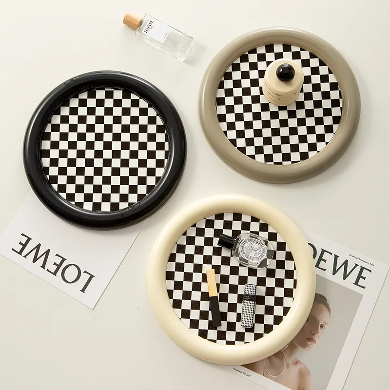 Nordic Black White Check Tray. Scented Lipstick Cosmetic Tray. Entrance Key Miscellaneous Items Storage Tray, Dessert Decor Tray