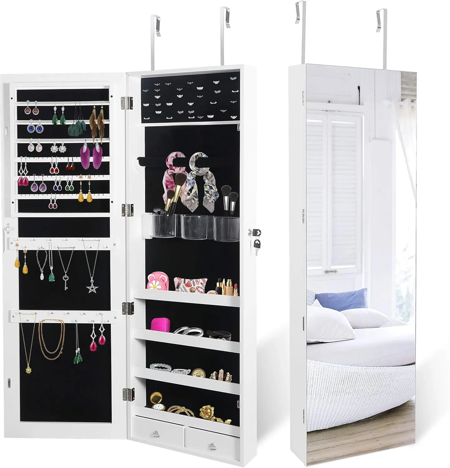 Mirror Jewelry Cabinet, Full Length Mirror with Jewelry Storage, Lockable Makeup Organizer Wall Door Mounted