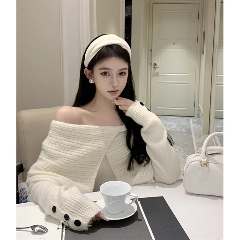 

MEXZT Elegant Off Shoulder Sweater Women Fashion Sexy Slash Neck Knitted Pullovers Korean Long Sleeve Knitwears Winter Jumpers