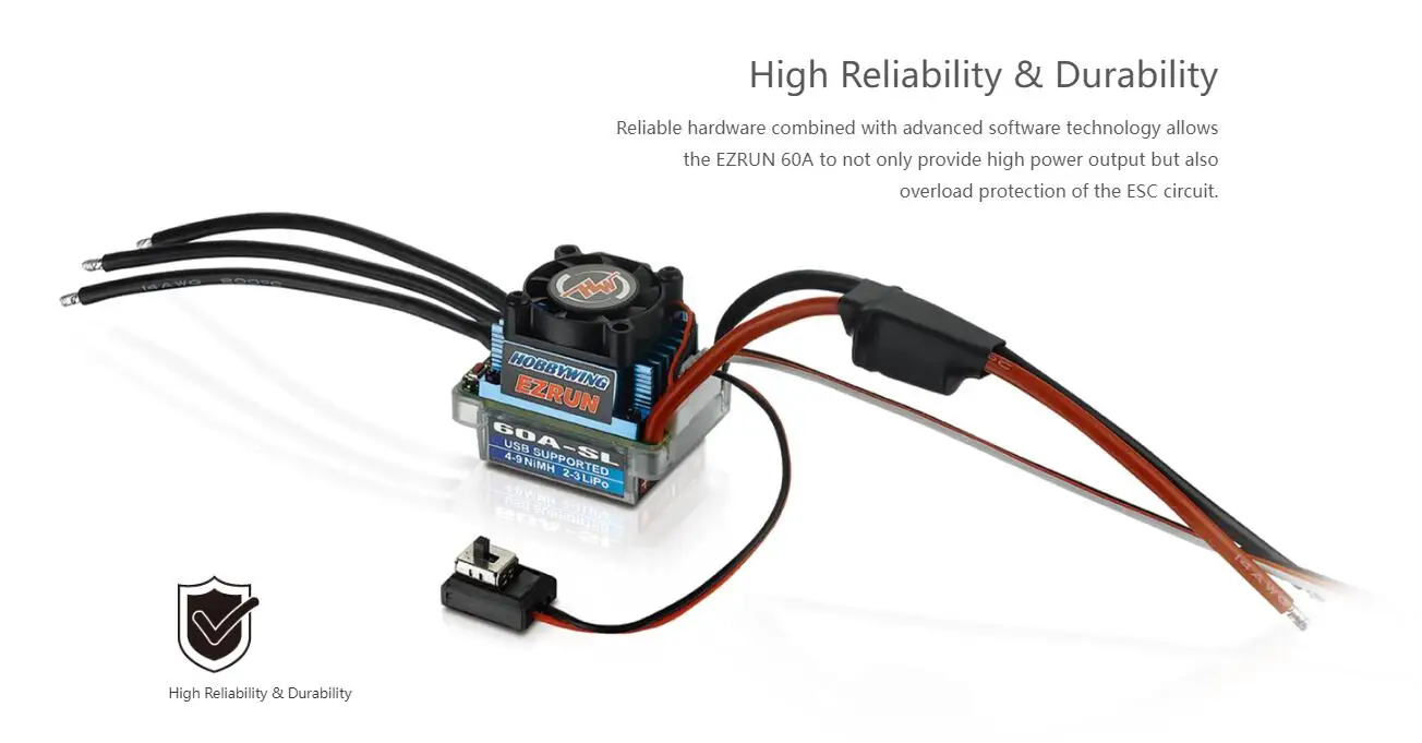 

Бесщеточный регулятор скорости Hobbywing EzRun 60A (ESC) 2-3S для радиоуправляемых моделей 1/10 и 1/12 масштаба, туристических автомобилей, багги и спортивных машин.