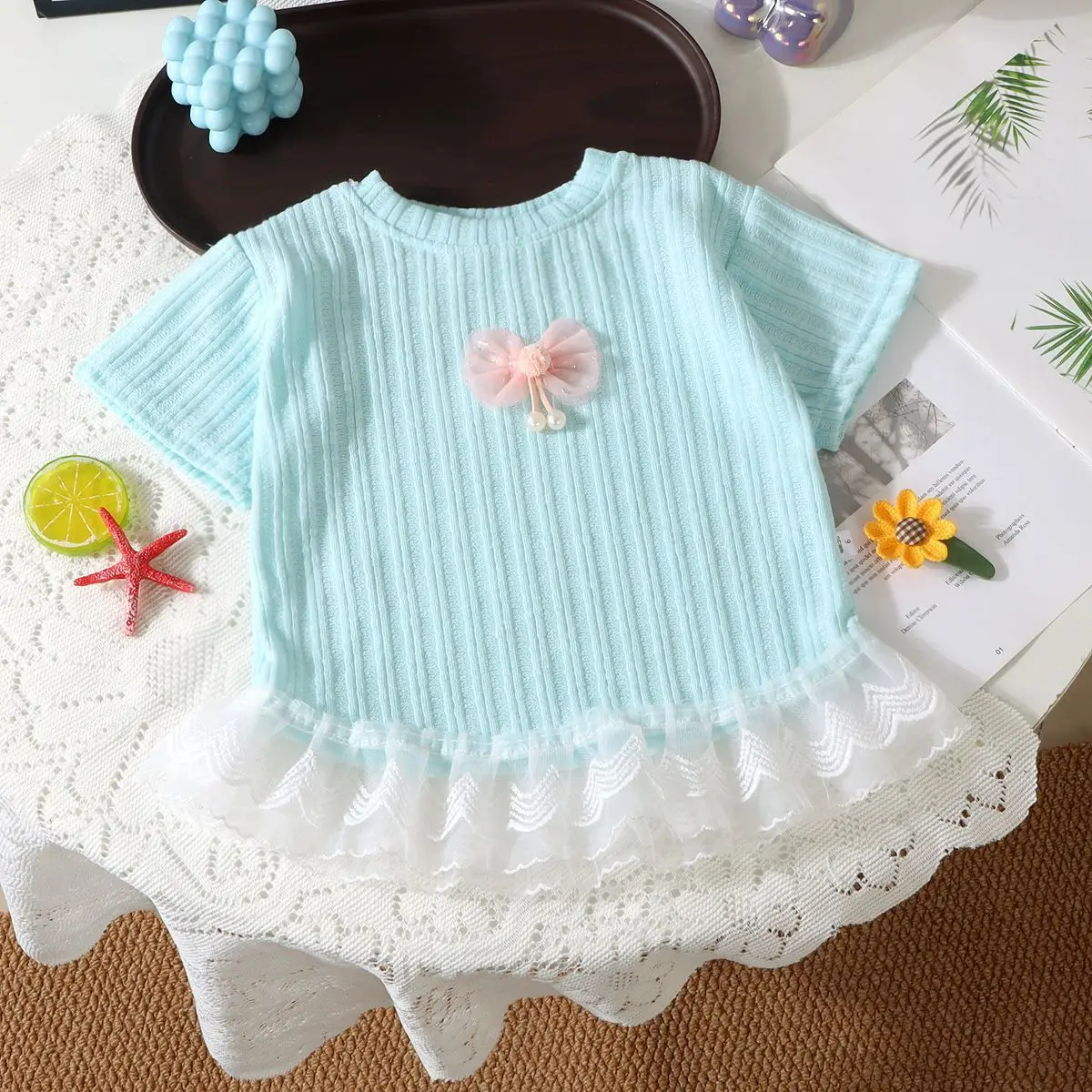 2026 New Summer Baby Knitted Girls Summer Fashion Versatile Short Sleeve Princess Lace Trim T-Shirt