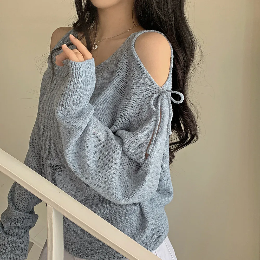 

Early Autumn New Korean Loose Perspective Design Long Sleeve Knitted Shirt Top with Shoulder Drop Sleeve Hoodie Female Clothing
