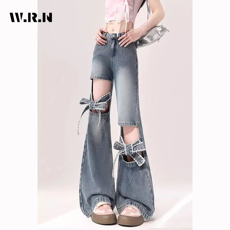 2024 Summer Sweet Harajuku Sheath High Waist Flared Jeans Female Retro Y2K Pants Women's Vintage Slim Bow Ripped Denim Trouser