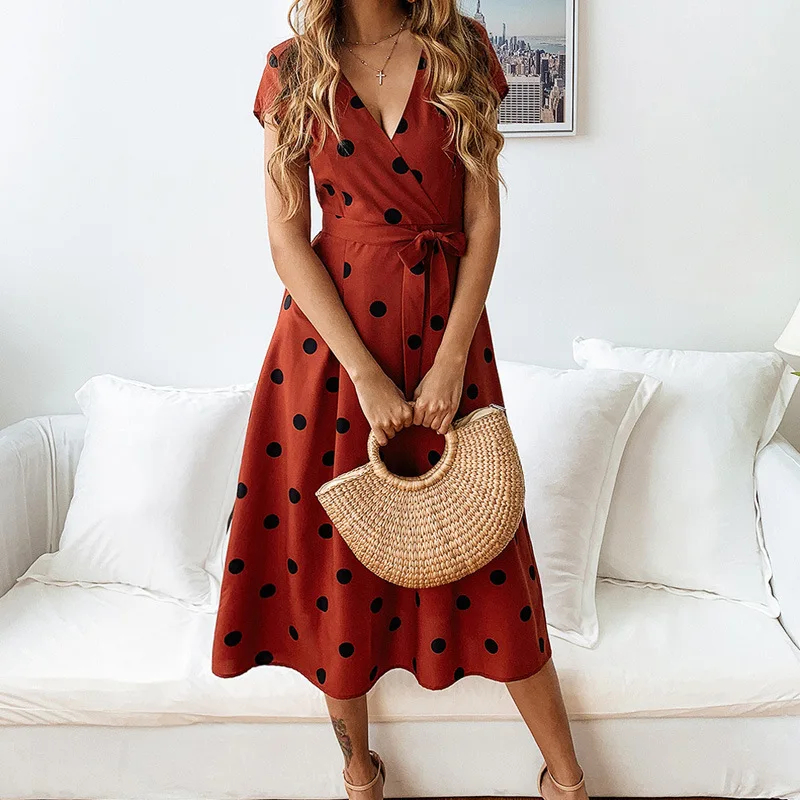 

Women's Dress Casual V-neck Printed Dot Short-sleeve Tight Waist Lace-up Dress for Summer