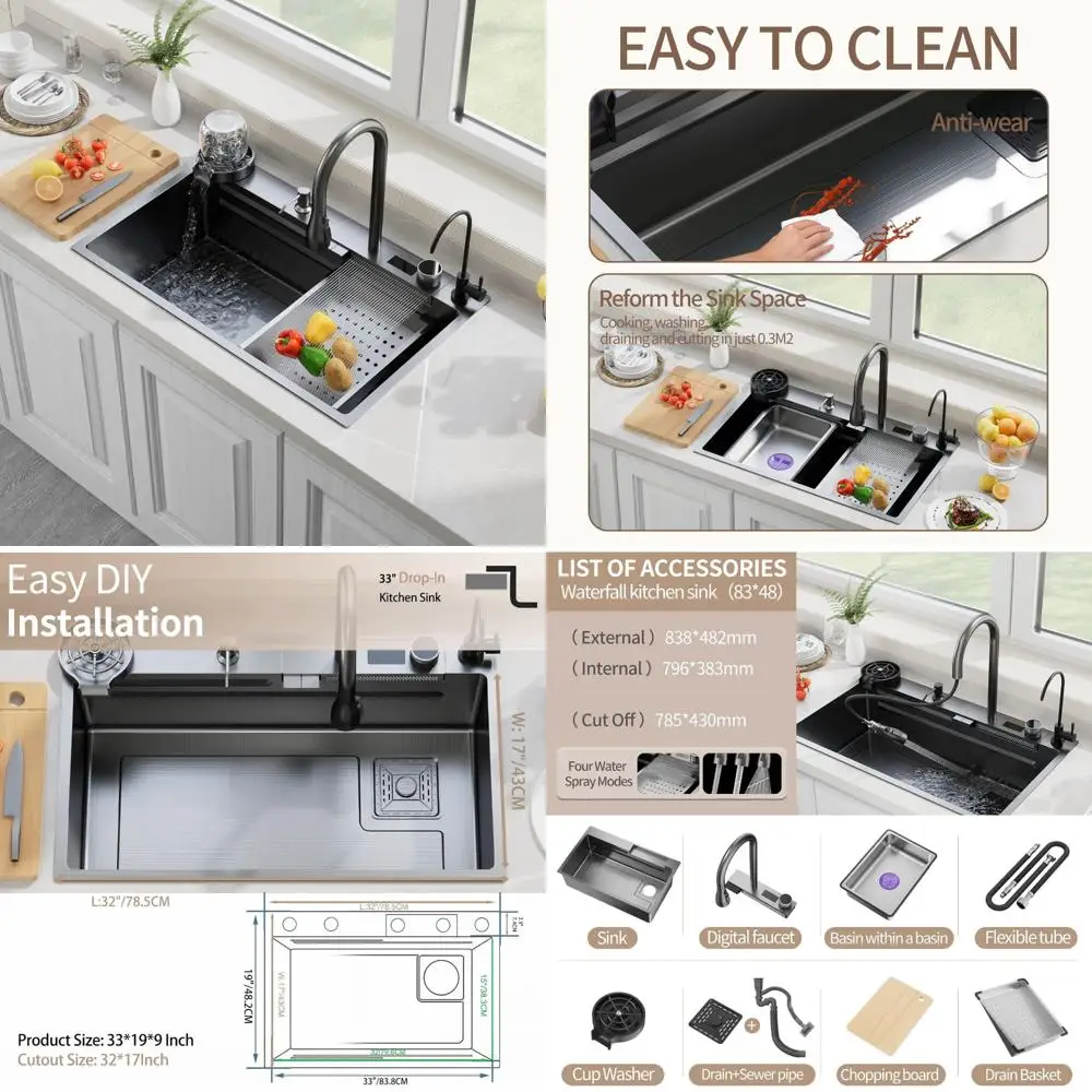 

Stainless Steel Single Bowl Kitchen Sink with Waterfall Edge, 33x19x9 Inches, Grey and Black Nano Coated Workstation Sink and Fa