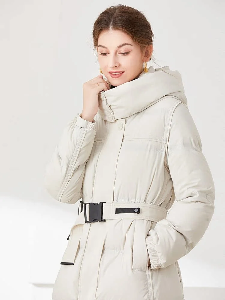 

Rosa in the South Luxury White Duck down Jacket Women's Winter New Style Hooded Waist-Cinching Thickened Mid-Length Coat