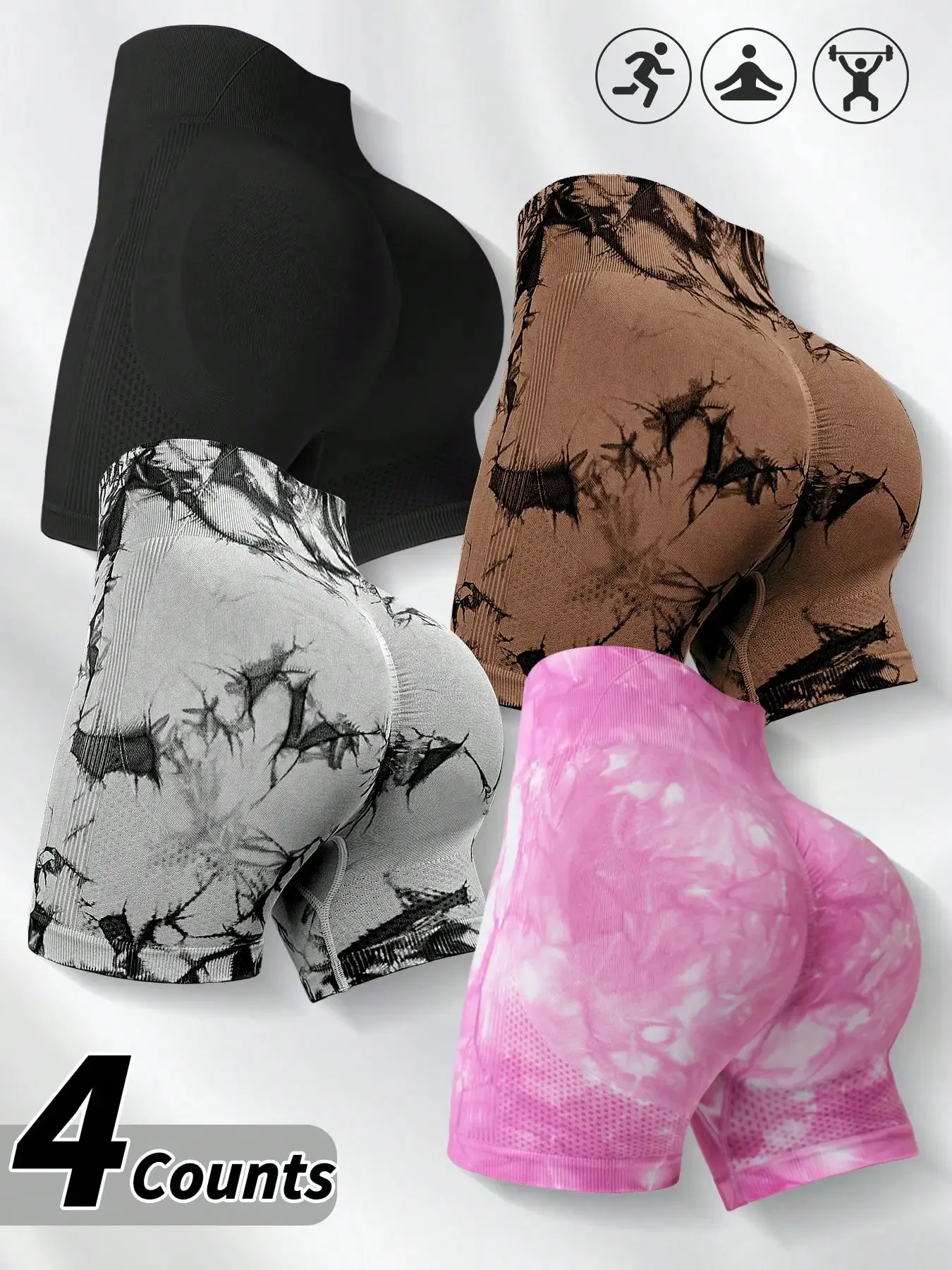

4pcs Women Seamless Tie-Dye Yoga Shorts, Versatile For Outdoor Climbing, Daily Wear, Gym, Workout, Sports Summer