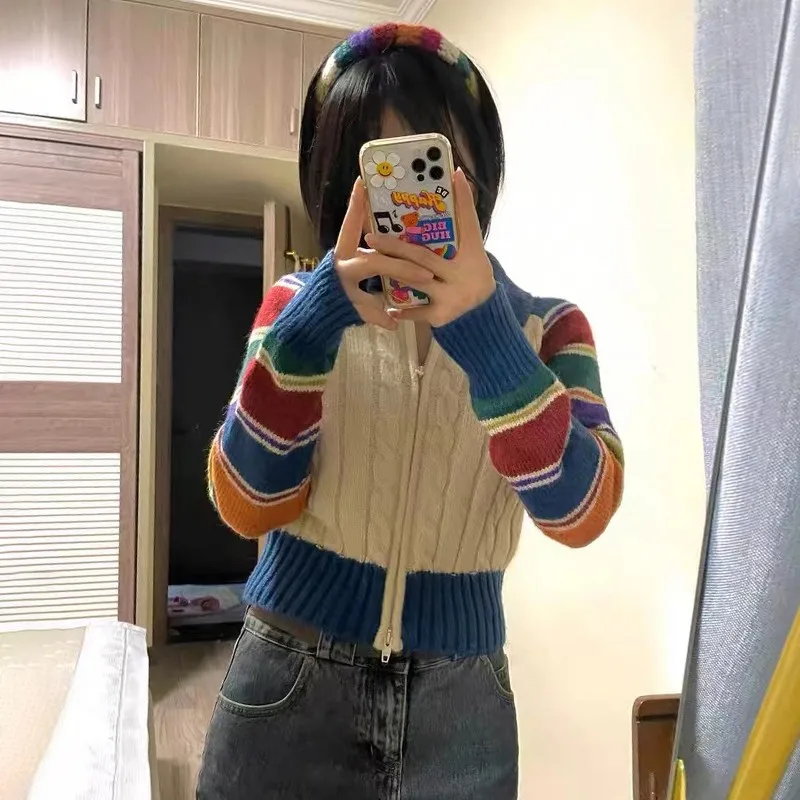 Karrram Japanese Patchwork Cardigan Vintage Rainbow Knitted Coat 90s Harajuku Embroidery Knitwear Korean Fashion Sweater Sweet