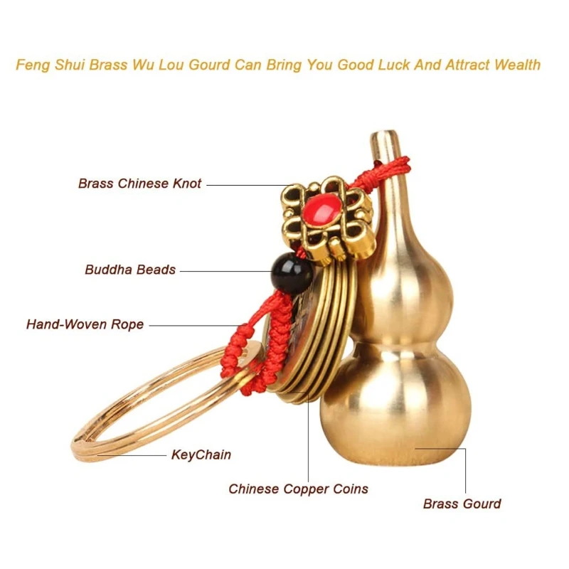 Wu Lou for Key Chain Lucky Gourd Keychain with Feng Shui Good Luck Prosperity Success Brass Calabash Pendant Keych