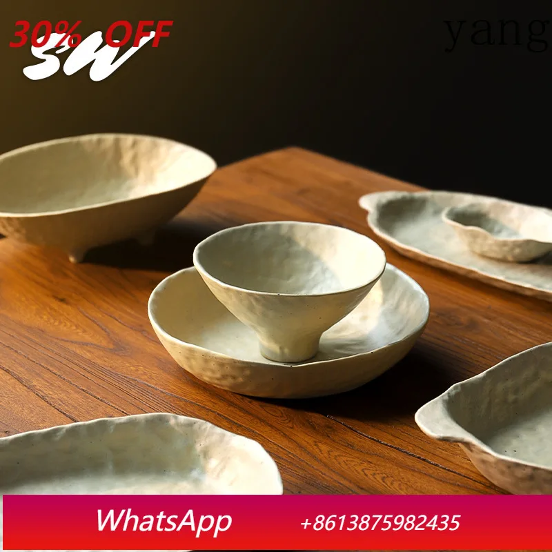 

LMM retro hand-squeezed coarse pottery tableware irregular bowls and plates personalized salad plates