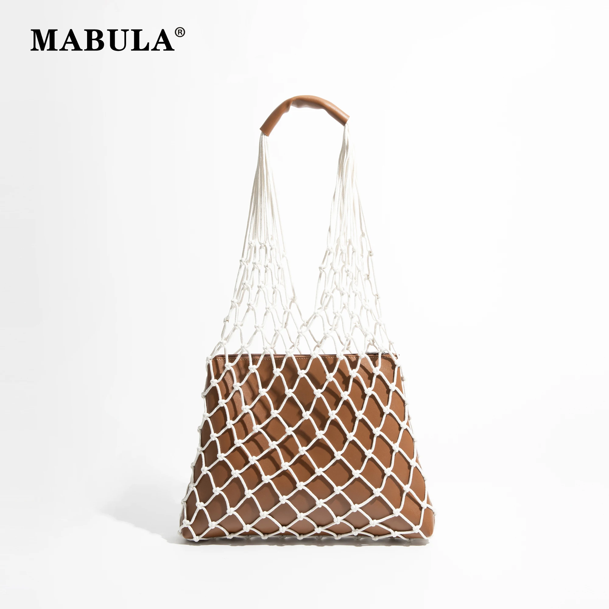 MABULA PU Leather Nylon Knitted Unique SHoulder Bag For Ladies 2pcs Removable Vintage Female Tote Handbag Hollow Out Fashion Bag