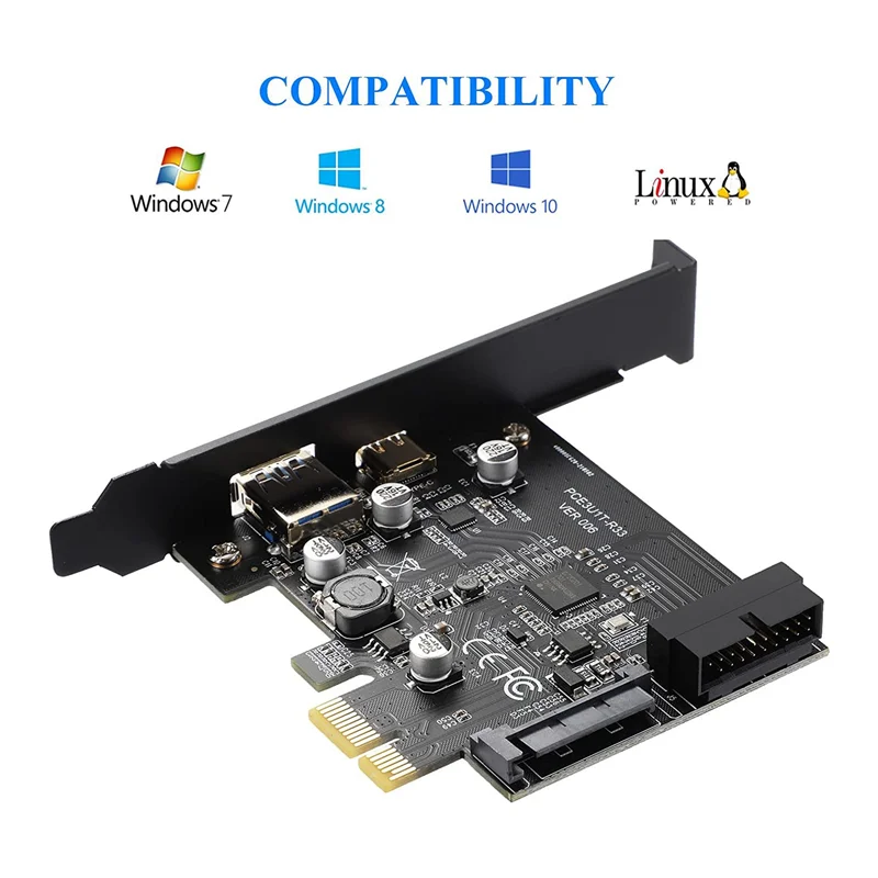

Передняя карта адаптера PCI-E 1X к USB 3.2 Gen1 USB3.2 Type-C, 2 порта (тип C + тип A), карта расширения