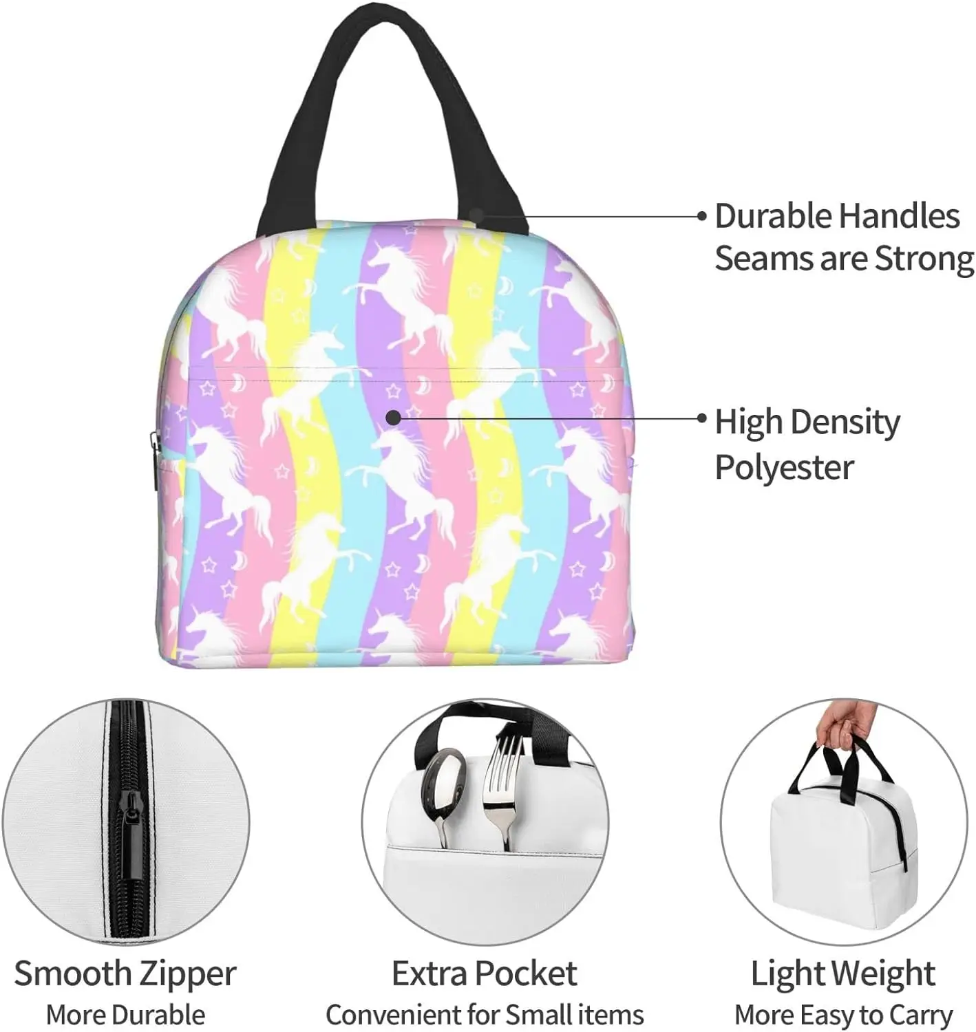 Bolsa de almuerzo de unicornio arcoíris para niños, niñas y mujeres, caja de Picnic térmica lavable, reutilizable, colorida para el trabajo de oficina escolar