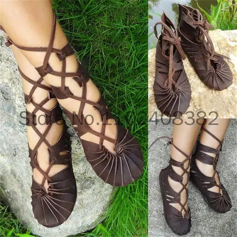 Stivali Vintage gotici medievali per donna Elf Witch Leaves Lace Up Shoes Costume Cosplay Vintage Strappy Flat Sandals Summer
