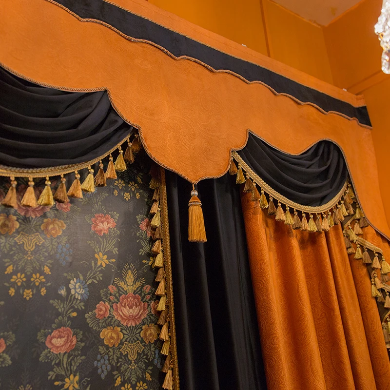 High-end Blackout Embossed Orange Black Curtains Luxurious Retro Drape Curtains for Living Room Bedroom Dining Grace Custom Size