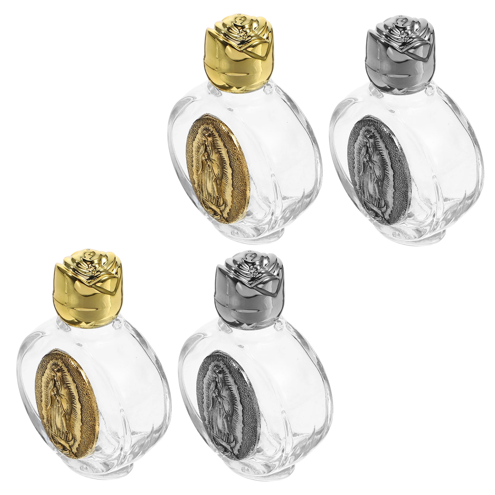 

4Pcs Holy Water Bottle Glass Metal Relief Design Refillable Religious Water Container for Home Decor Blessing Gift Baptism