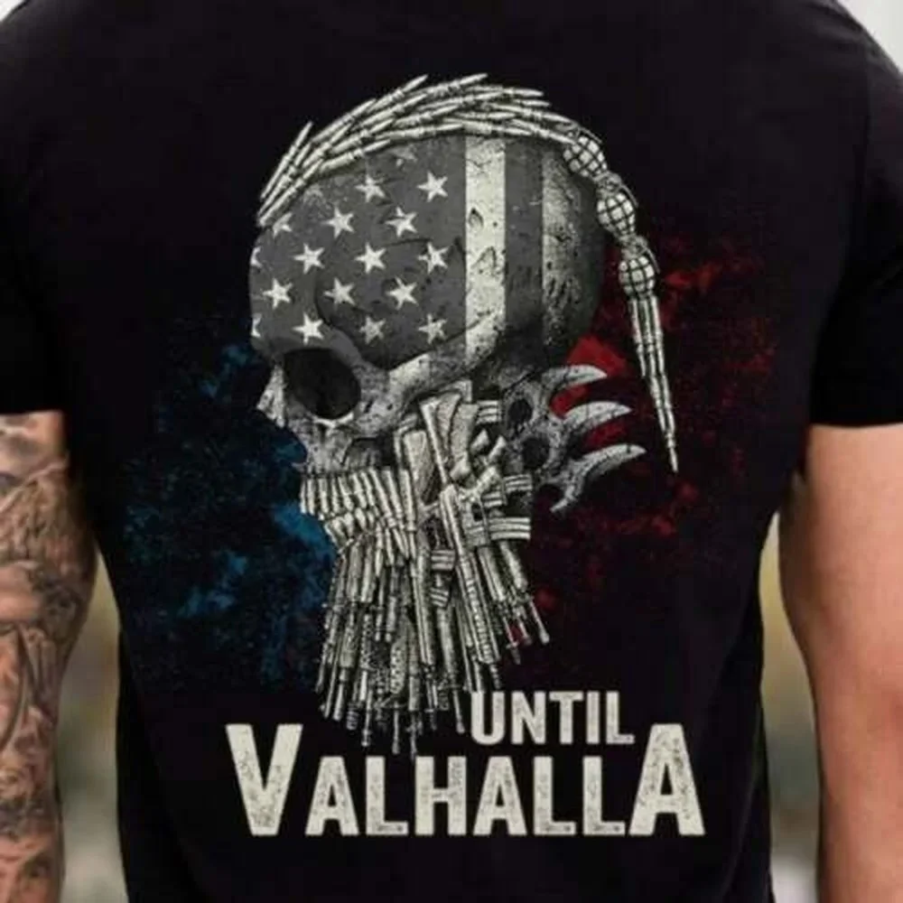 

Until Valhalla American Flag Nordic Warrior Skull T-Shirt 100% Cotton O-Neck Short Sleeve Summer Casual Mens T-shirt Size S-3XL