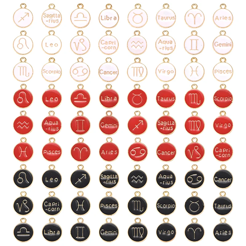 12pcs/lot Zodiac Sign Charms Metal Round Enamel Double Sided Constellation Pendants For DIY Jewelry Making Accessories 15*12mm