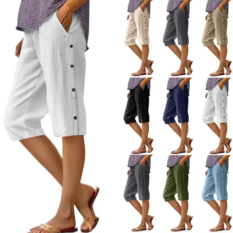Women Cotton Linen Capri Pants High Waist Loose Casual Trousers with Side Pockets and Decorative Buttons