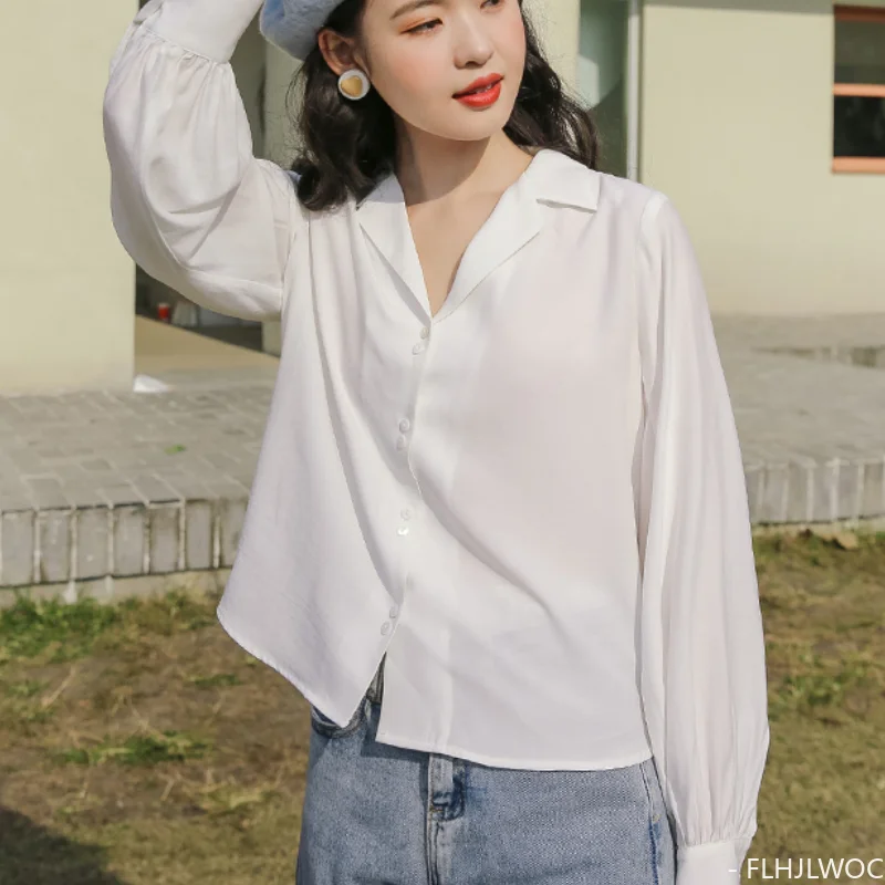 بلوزة بأزرار ورقبة على شكل حرف V ، قمصان بيضاء رسمية ، تصميم لطيف ، على الطراز الياباني والكوري ، سيدة المكتب ، أنيقة ، الخريف ،