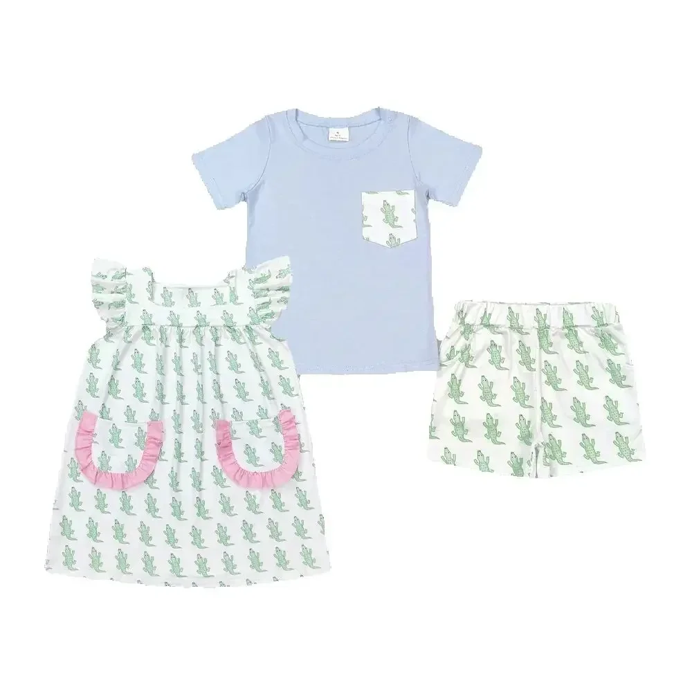 

Baby Girls Boys Crocodile Green Sibling Dresses Sets