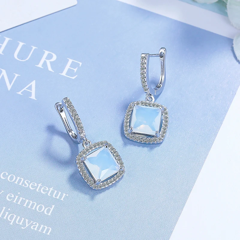 Full Zircon Opal Earrings Luxury Retro 925 Silver Geometry Square Ear Buckle High end European and American Earrings KOFSAC